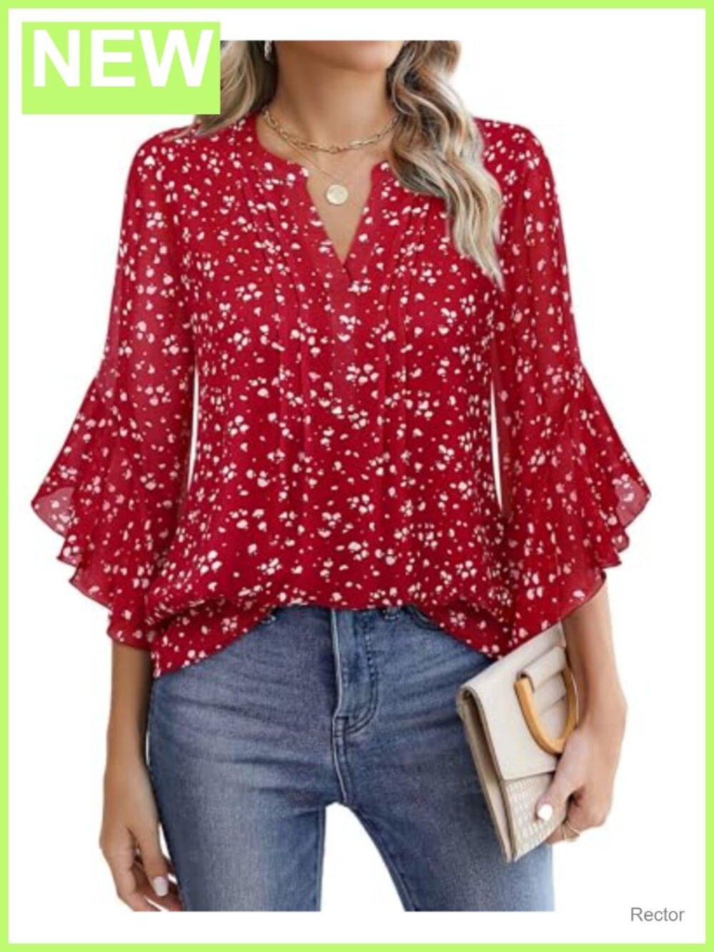 Womens 3/4 Sleeve Pleated Henley V-Neck Chiffon Blouse Business Casual Top
